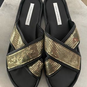 Gold and black sequin slides/sandals